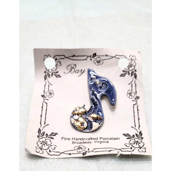 Artisan Signed Blue Porcelain Fired On 18K Gold Austrian Crystal Music Note Pin - Picture 2 of 3